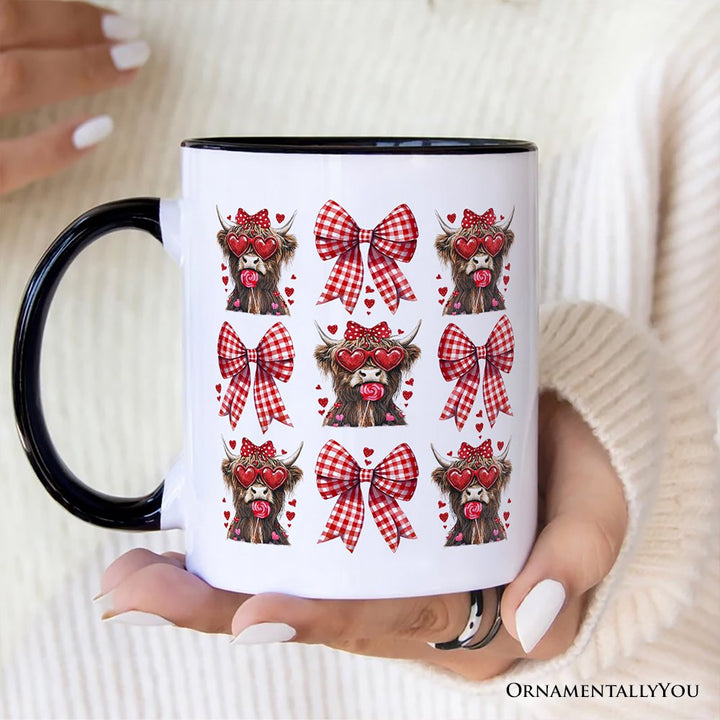 Highland Cow Coquette Bow Valentine Personalized Mug, Cute Hearts Western Gift with Custom Name Personalized Ceramic Mug OrnamentallyYou 