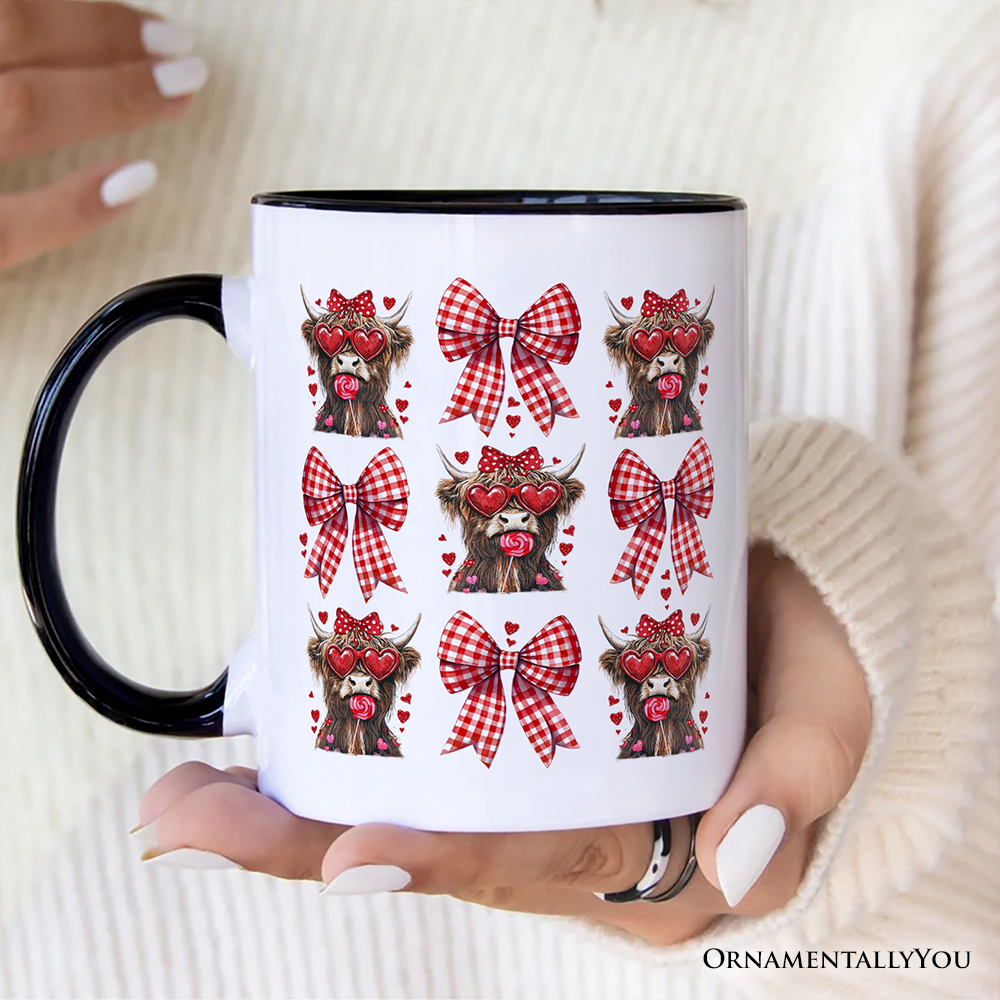 Highland Cow Coquette Bow Valentine Personalized Mug, Cute Hearts Western Gift with Custom Name