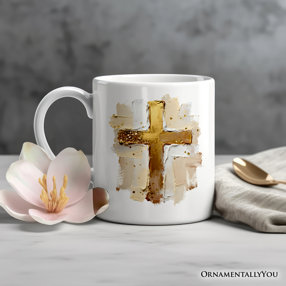 Oil Brushstroke Cross Personalized Mug, Christian Faith Jesus Easter Gift with Custom Name