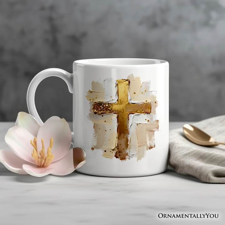 Oil Brushstroke Cross Personalized Mug, Christian Faith Jesus Easter Gift with Custom Name