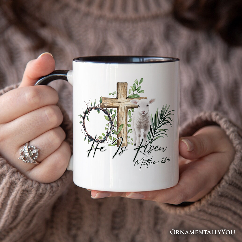 He Is Risen Lamb Cross Christian Easter Personalized Mug, Bible Verse Matthew 28:6 Gift with Custom Name