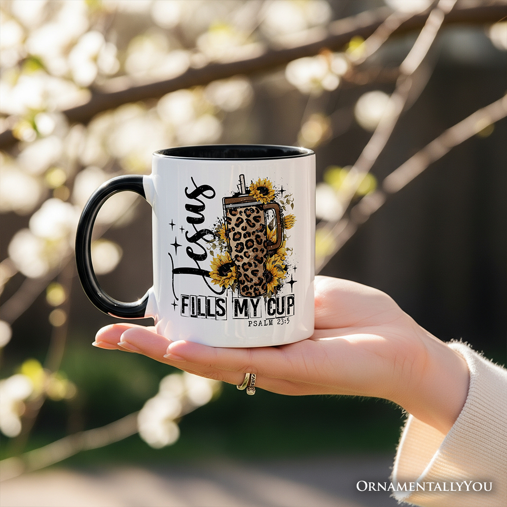 Jesus Fills My Cup Christian Personalized Mug, Leopard Print Coffee Gift with Custom Name