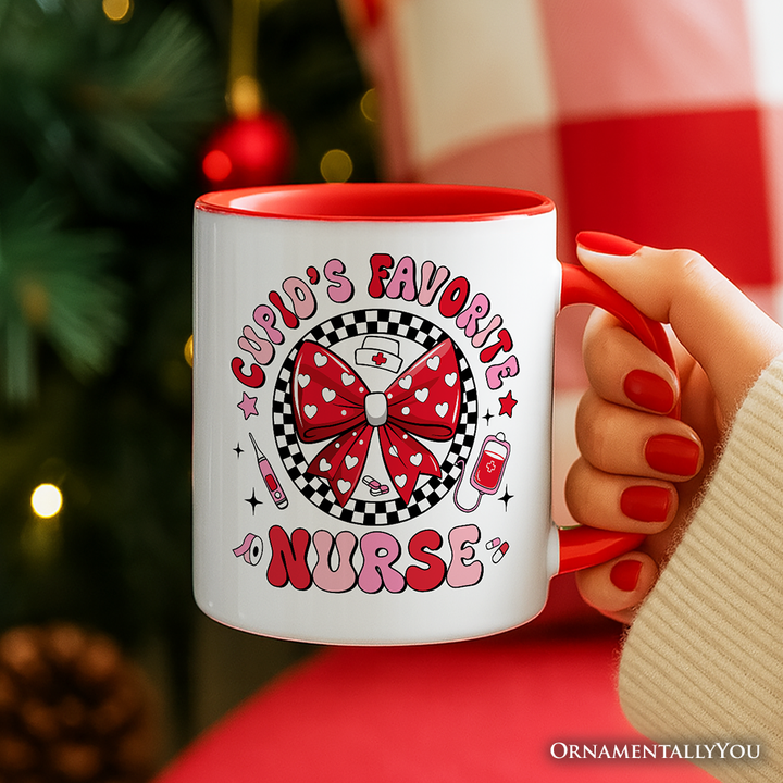 Cupid's Favorite Nurse Coquette Bow Personalized Mug, Cute Valentine Nurse Gift with Custom Name
