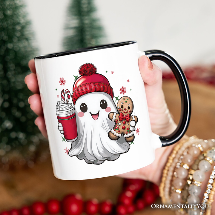 Cute Ghost Christmas Personalized Mug, Adorable Gingerbread and Cocoa Holiday Gift with Custom Name