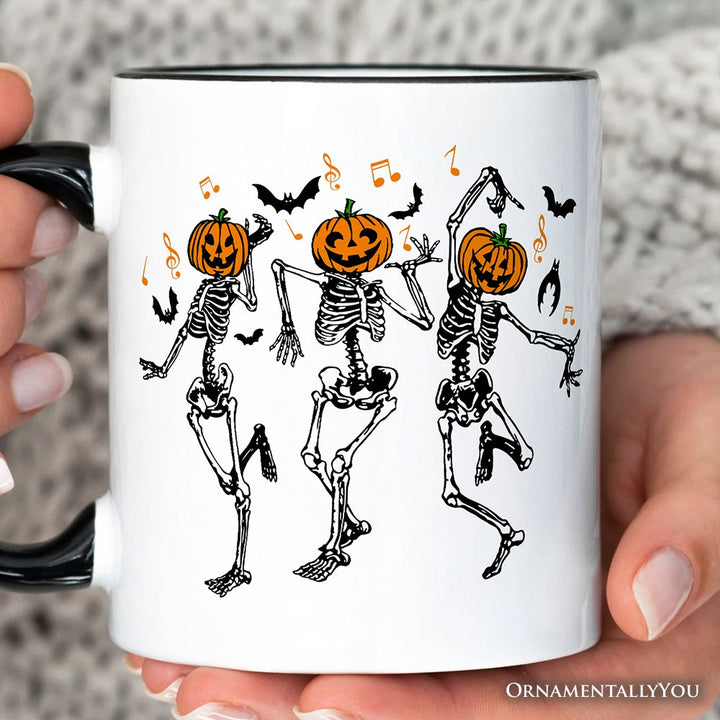 Dancing Skeletons with Pumpkin Head Personalized Mug, Dry Bones Come Alive Halloween Fun Gift with Custom Name Personalized Ceramic Mug OrnamentallyYou 