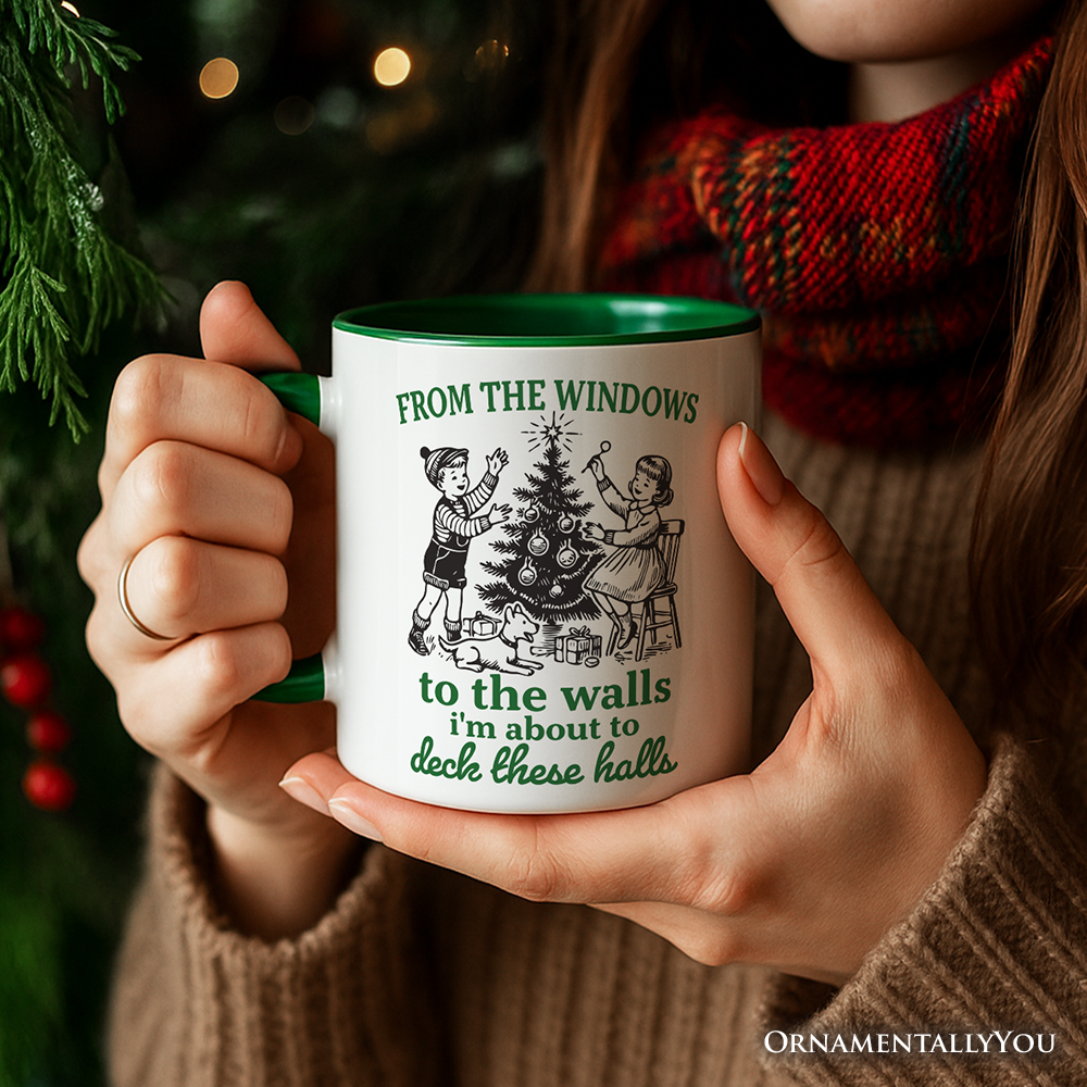 From the Windows to the Walls Deck These Halls Personalized Mug, Funny Vintage Christmas Gift with Custom Name