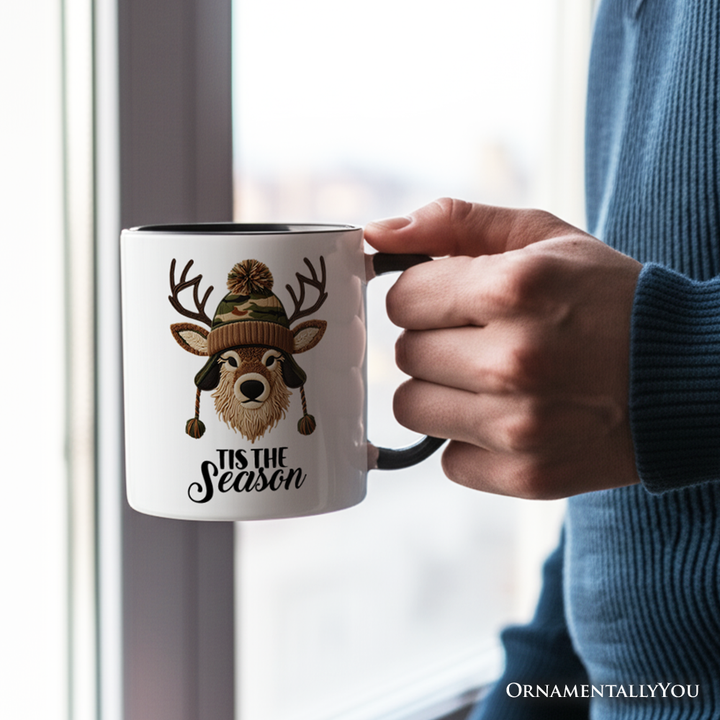 Deer Head Camo Hat Christmas Personalized Mug, Imitation Latch Hook Yarn Cozy Hunting Season Gift with Custom Name