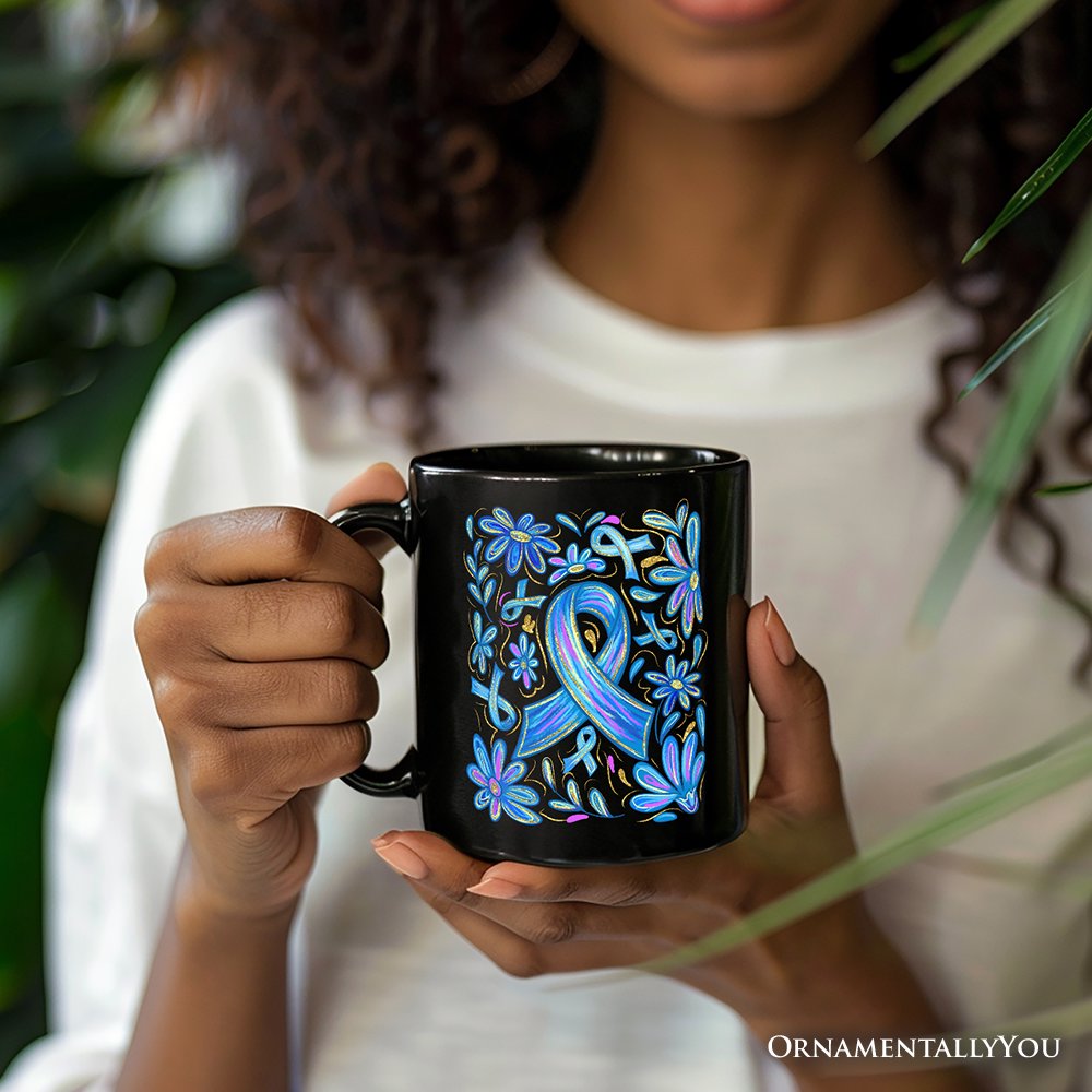 Diabetes Blue Ribbon Floral Personalized Mug, Awareness Support Gift with Custom Name Personalized Ceramic Mug OrnamentallyYou 