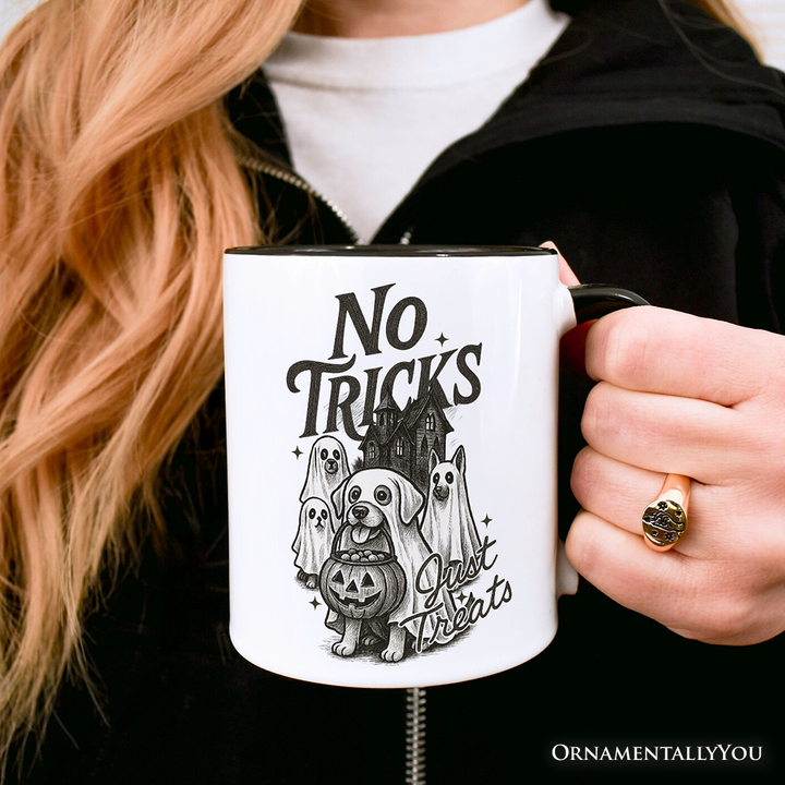 No Tricks Just Treats Dog Personalized Mug, Funny Halloween Puppy Gift with Spooky Vibes and Custom Name