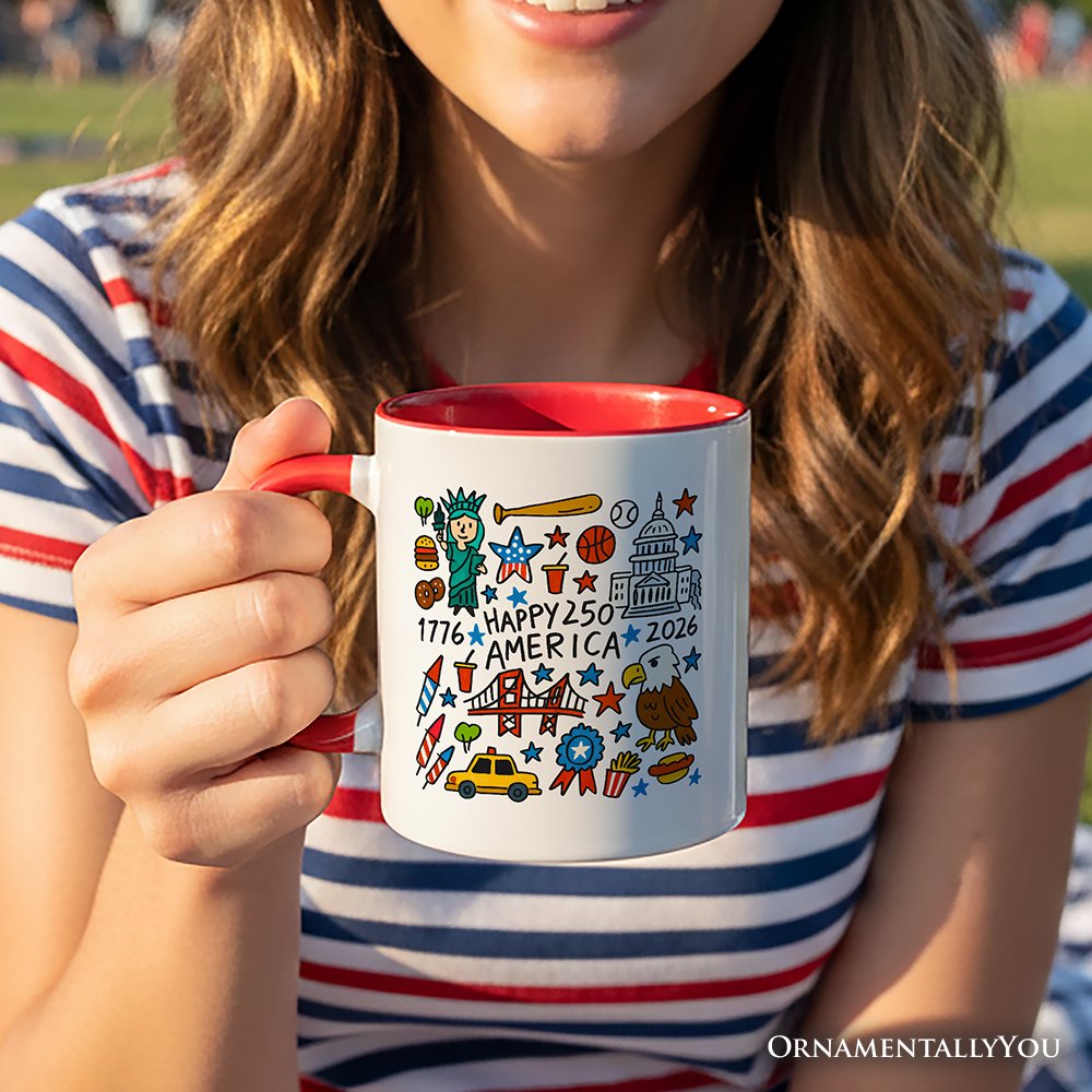 Happy 250 America Doodle Personalized Mug, Patriotic USA 1776-2026 250th Anniversary Gift with Custom Name Personalized Ceramic Mug OrnamentallyYou 