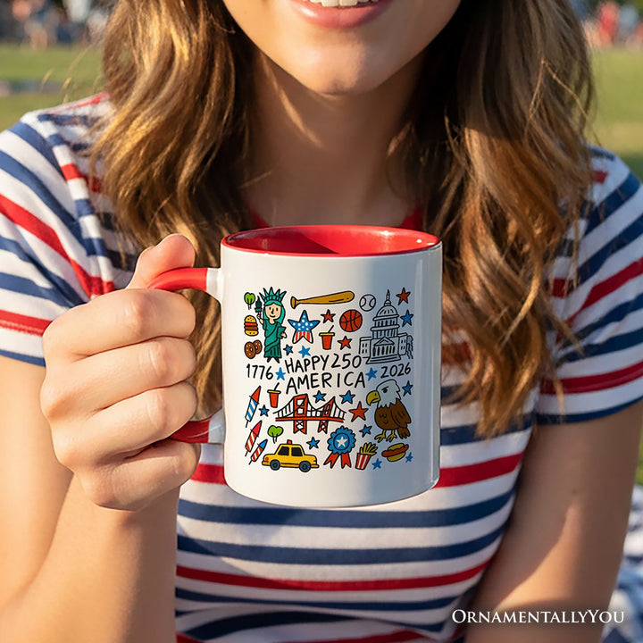 Happy 250 America Doodle Personalized Mug, Patriotic USA 1776-2026 250th Anniversary Gift with Custom Name Personalized Ceramic Mug OrnamentallyYou 