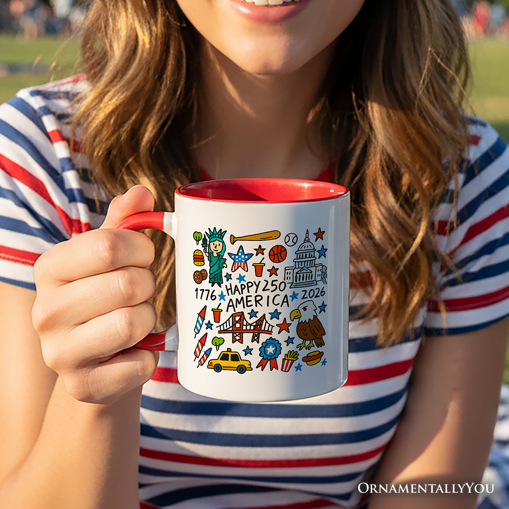 Happy 250 America Doodle Personalized Mug, Patriotic USA 1776-2026 250th Anniversary Gift with Custom Name