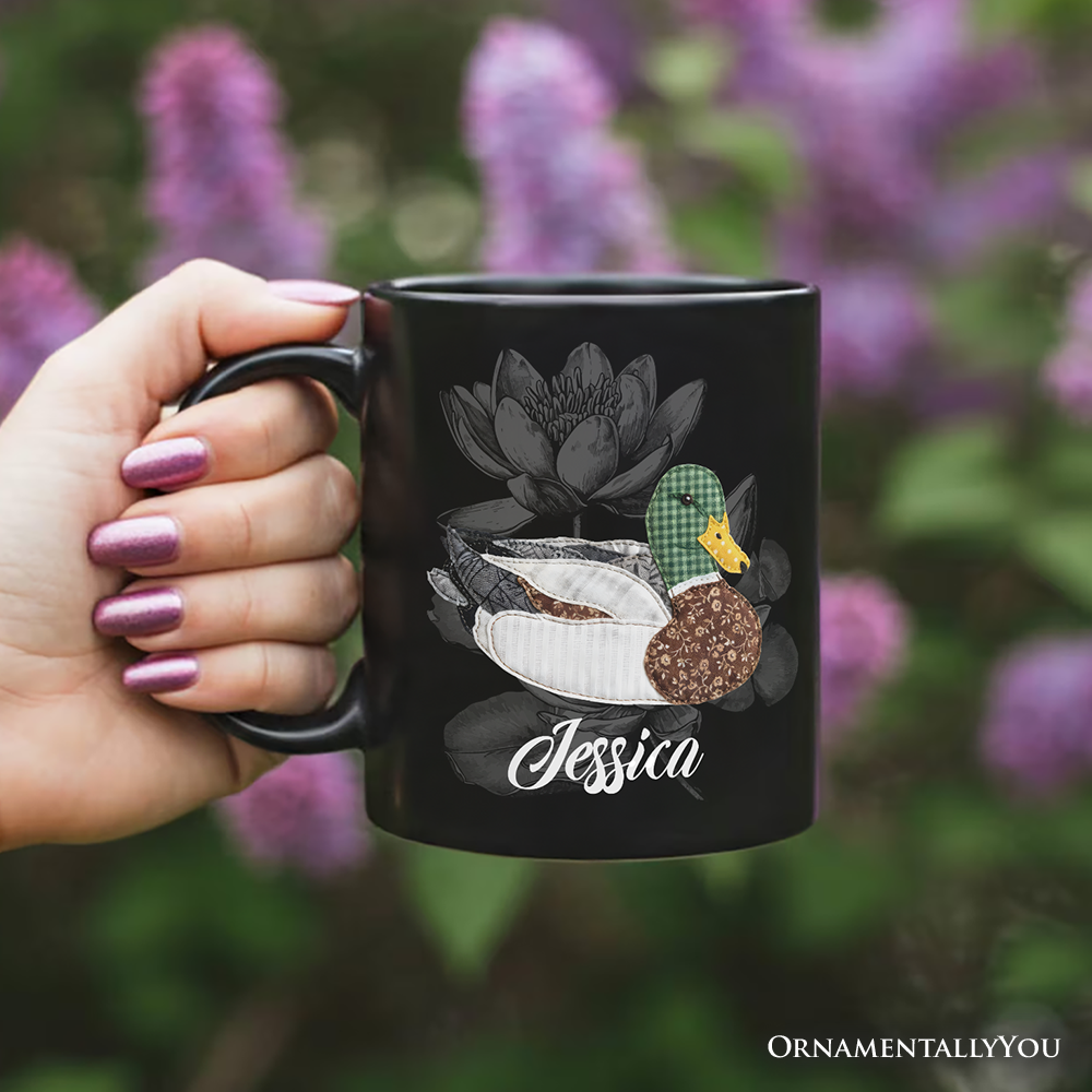 Mallard Duck Printed Faux Patchwork Personalized Mug, Hunting Wife Outdoors Gift with Custom Name