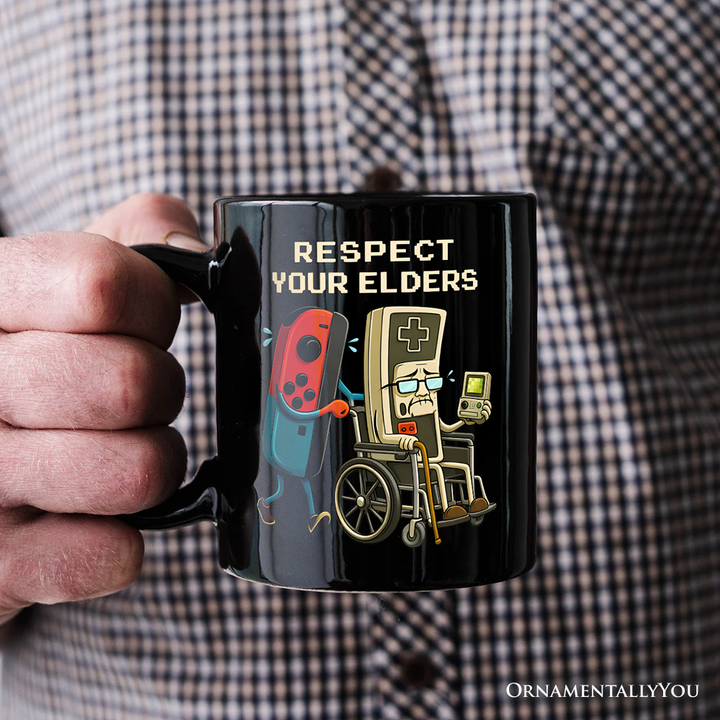 Respect Your Elders Gaming Controller Personalized Mug, Old School Gamer Humor Gift with Custom Name