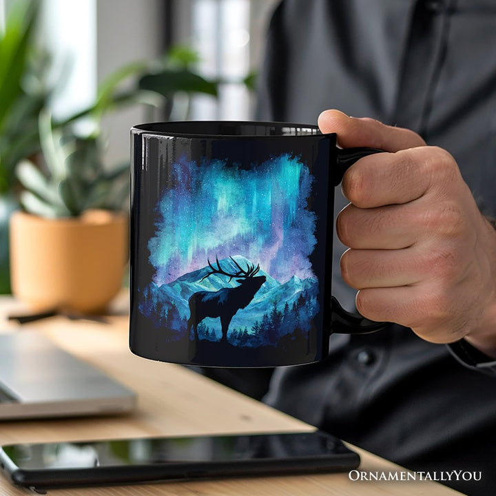 Majestic Aurora Elk Personalized Mug, Northern Lights Wilderness Stag Gift with Custom Name Personalized Ceramic Mug OrnamentallyYou 