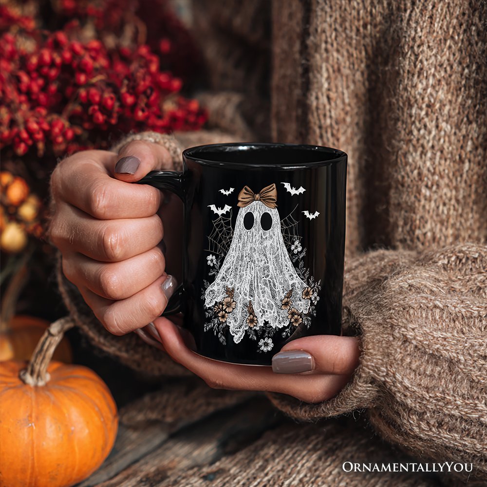 Cute Lace Ghost Coquette Pesonalized Mug, Floral Vintage Halloween Gift with Custom Name Personalized Ceramic Mug OrnamentallyYou 