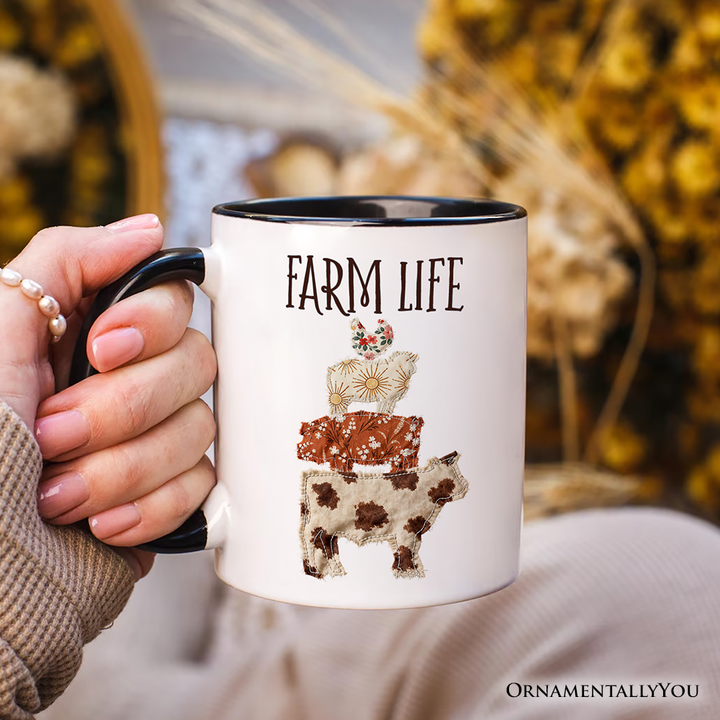 Western Farm Animals Printed Faux Patchwork Personalized Mug, Country Cow Pig Sheep Hen Gift with Custom Name