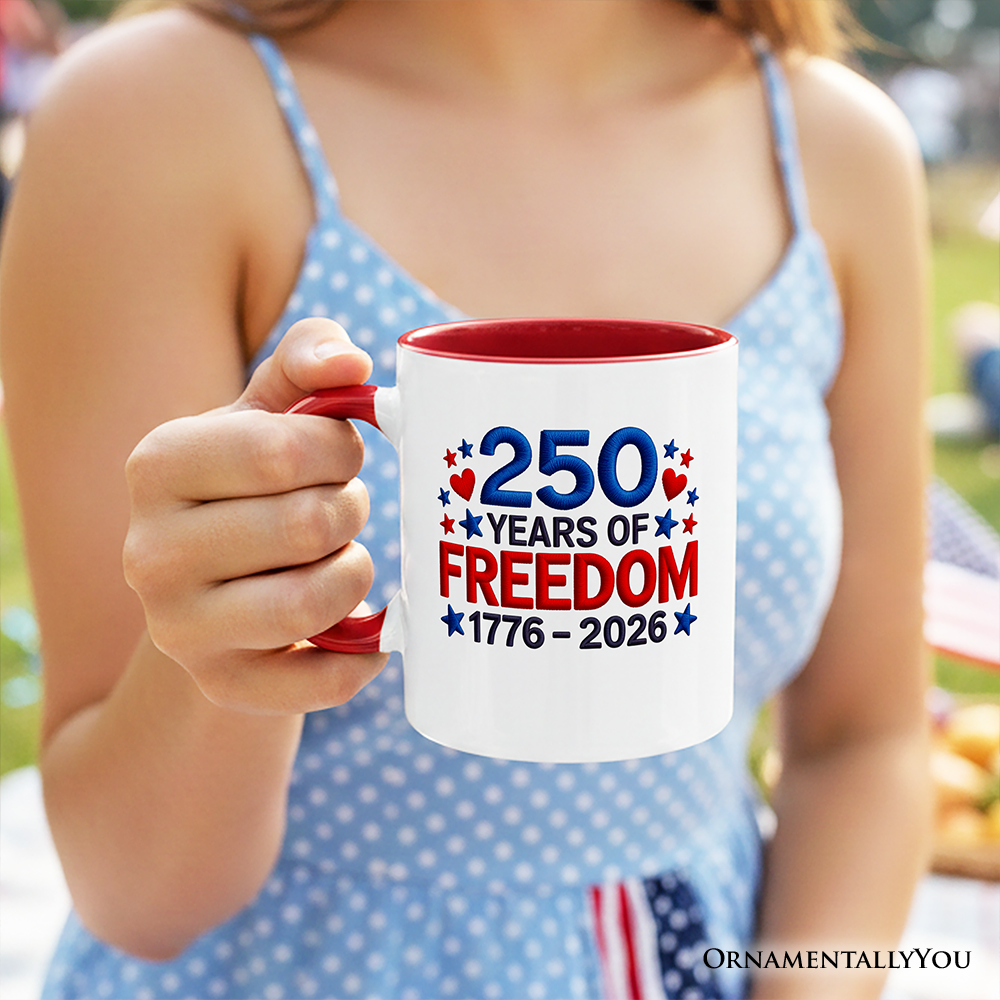 250 Years Freedom Faux Varsity Patch Personalized Mug, 4th of July USA Patriotic 1776–2026 Gift with Custom Name