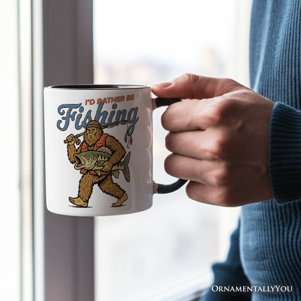 I’d Rather Be Fishing Bigfoot Personalized Mug, Funny Sasquatch Fishermen Gift with Custom Name