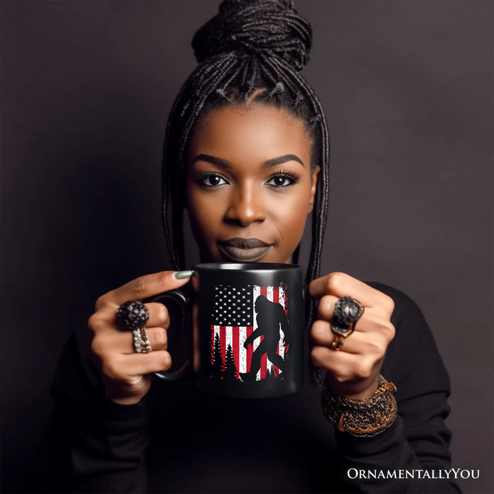 Bigfoot American Flag Personalized Mug, Patriotic Sasquatch Gift with Custom Name