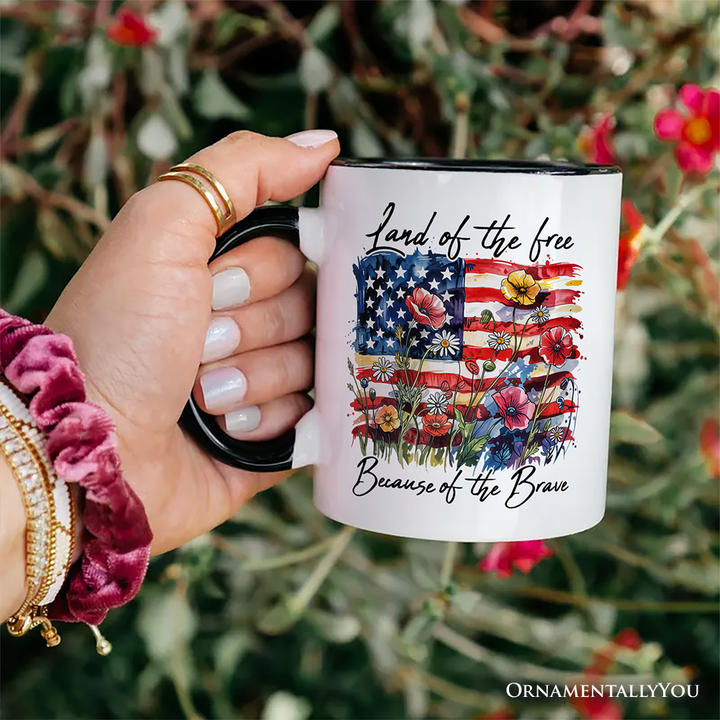 American Flag Floral Wildflower Personalized Mug, Patriotic Boho USA 4th of July Gift with Custom Name