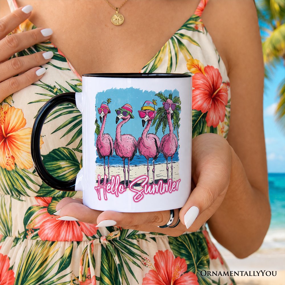 Flamingo Hello Summer Mug, Tropical Beach Vacation Gift Personalized Ceramic Mug OrnamentallyYou 