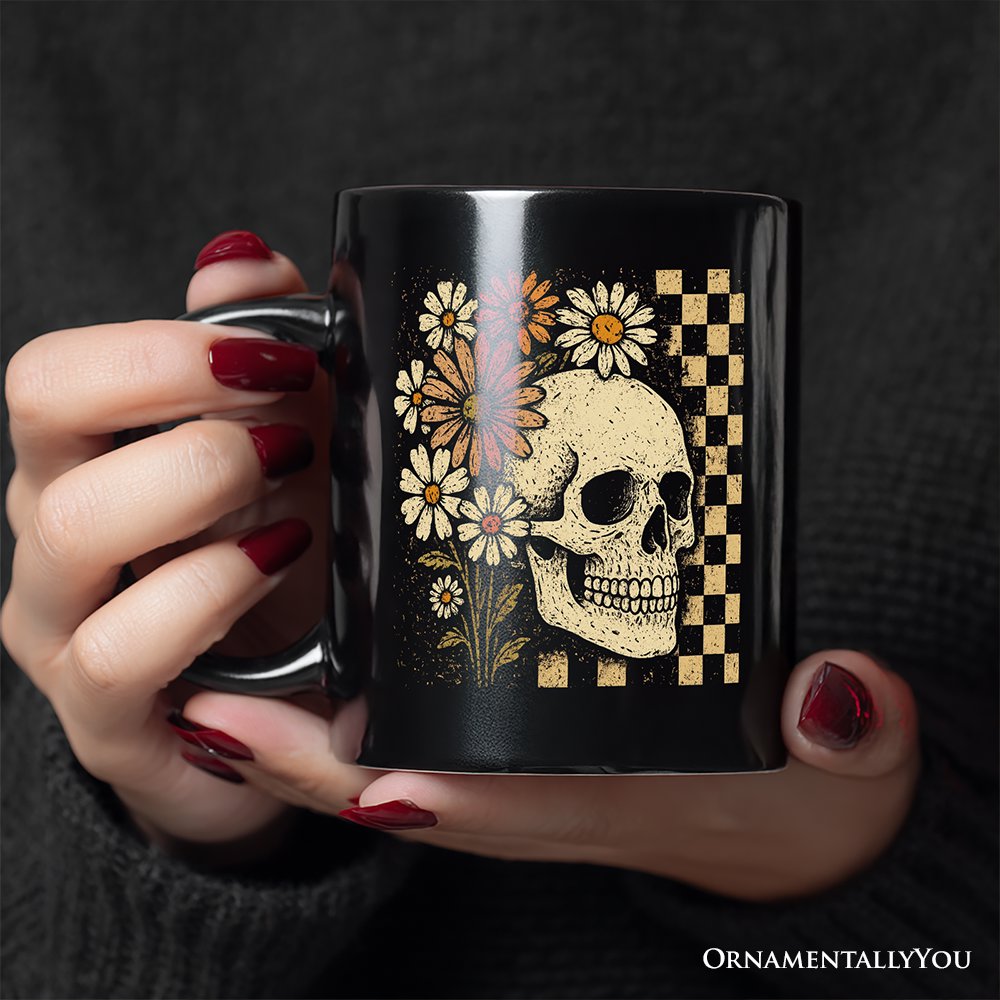 Checkered Floral Skeleton Personalized Mug, Vintage Skull Daisy Halloween Gift with Custom Name Personalized Ceramic Mug OrnamentallyYou 