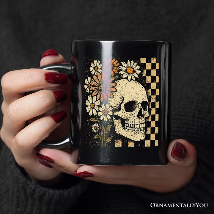 Checkered Floral Skeleton Personalized Mug, Vintage Skull Daisy Halloween Gift with Custom Name Personalized Ceramic Mug OrnamentallyYou 