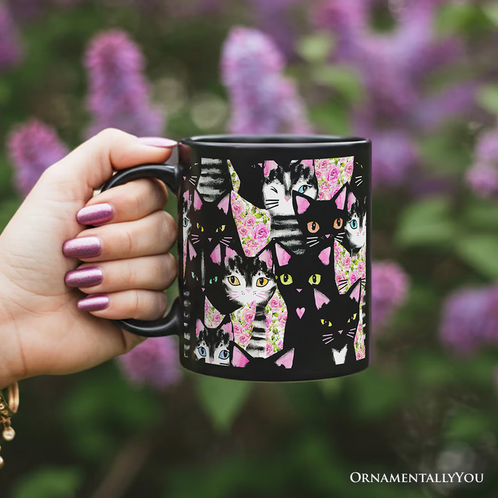 Floral Black And Pink Cats Pattern Cute Mug, Kitten Collage Gift for Cat Lovers
