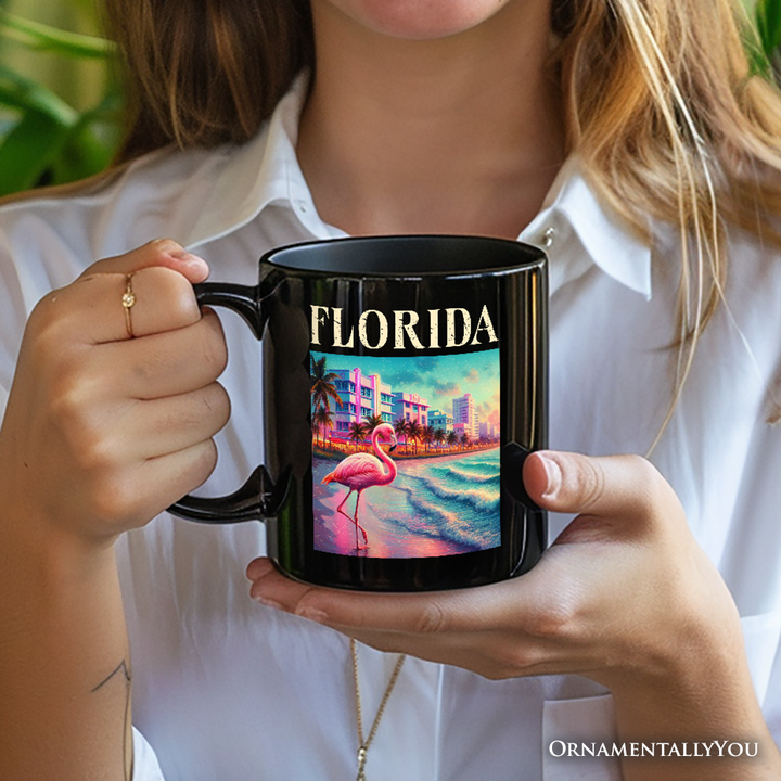 Vibrant Florida State Flamingo Personalized Mug, Miami Beach Souvenir and Coastal Gift with Custom Name