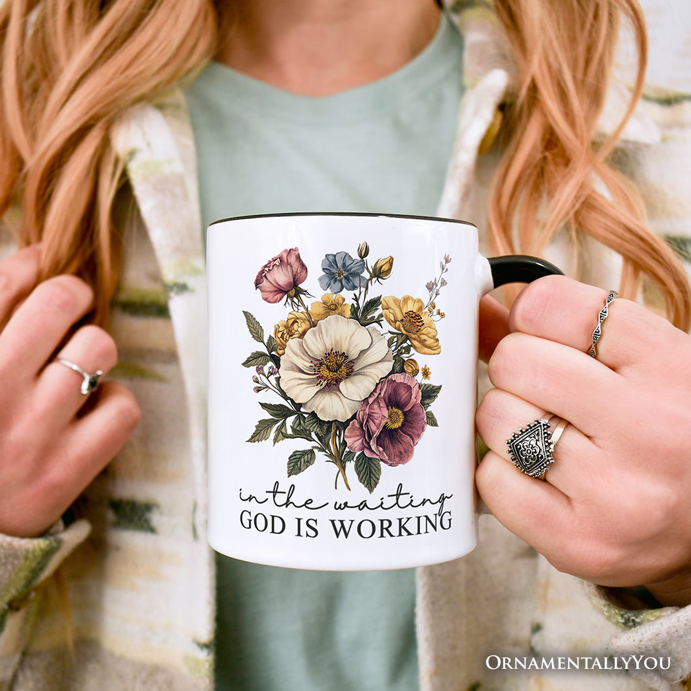 In the Waiting God Is Working Floral Christian Personalized Mug, Vintage Wildflower Faith Gift with Custom Name