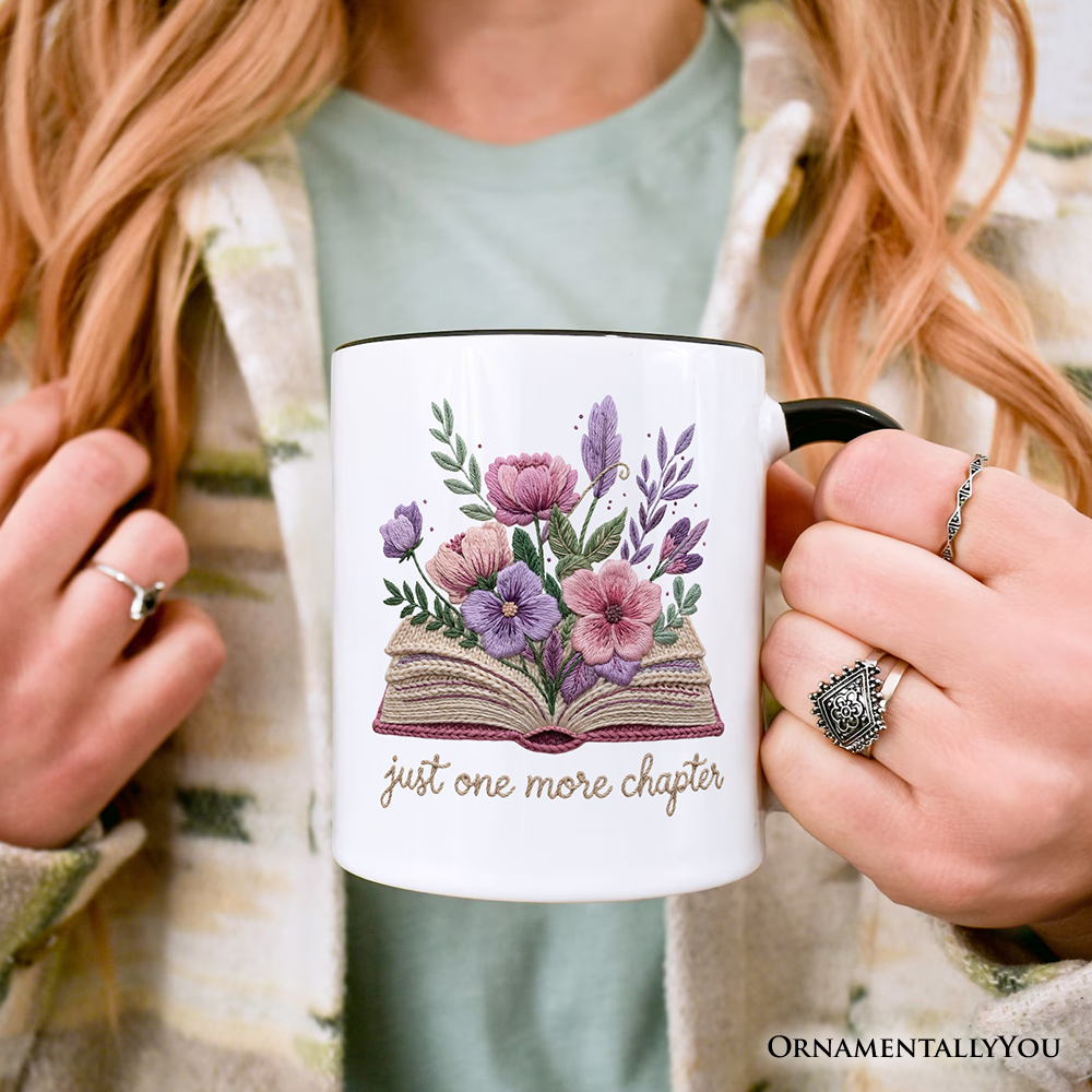 Floral Book Printed Faux Yarn Crochet Personalized Mug, Just One More Chapter Bookworm Gift with Custom Name