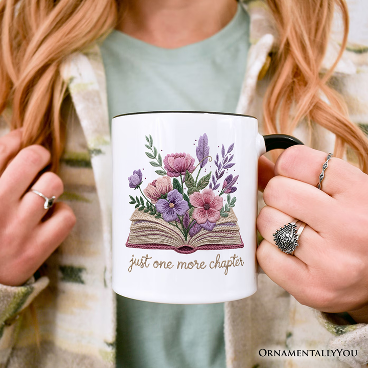 Floral Book Printed Faux Yarn Crochet Personalized Mug, Just One More Chapter Bookworm Gift with Custom Name