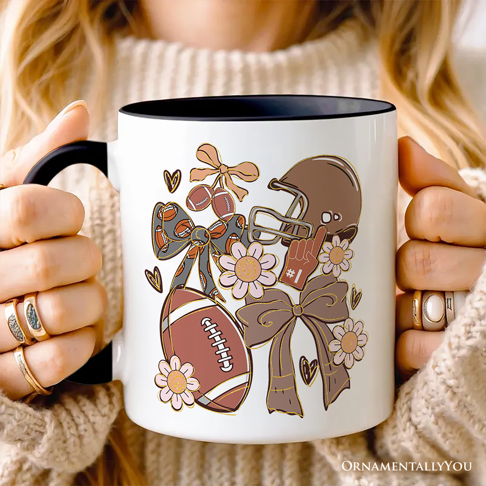 Football Mom Coquette Bow Daisy Personalized Mug, Retro Fall Game Day Preppy Gift with Custom Name