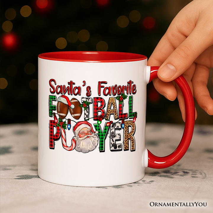 Santa’s Favorite Football Player Personalized Mug, Plaid Christmas Athelete Gift with Custom Name