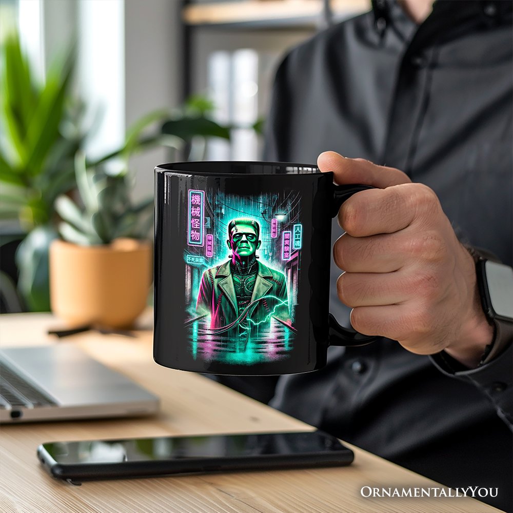 Cyberpunk Frankenstein Personalized Mug, Neon Halloween Monster Gift with Custom Name Personalized Ceramic Mug OrnamentallyYou 
