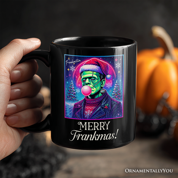 Frankenstein Christmas Vaporwave Personalized Mug, Retro Neon Holiday Gift with Custom Name