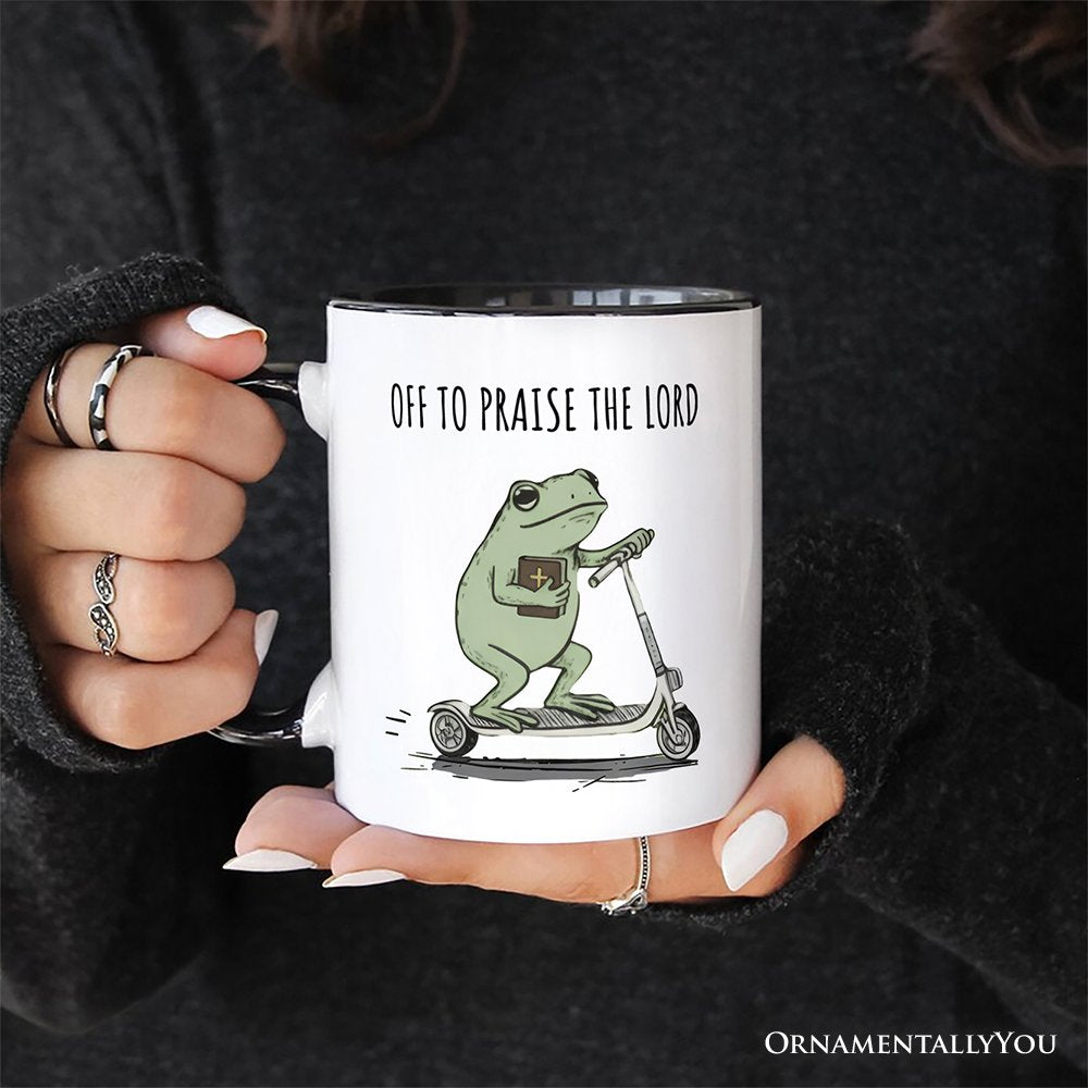 Off to Praise the Lord Funny Frog Personalized Mug, Christian Faith Humor Jesus Gift with Custom Name Personalized Ceramic Mug OrnamentallyYou 