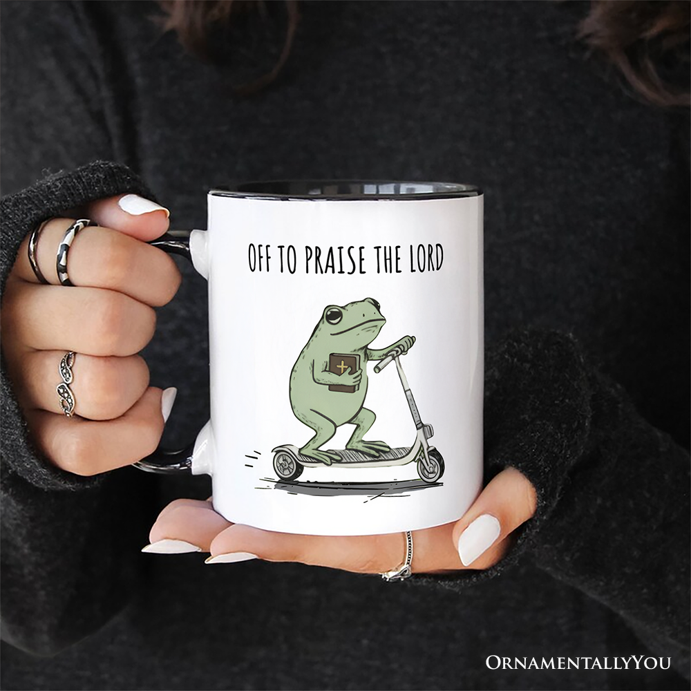 Off to Praise the Lord Funny Frog Personalized Mug, Christian Faith Humor Jesus Gift with Custom Name