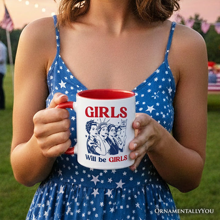 Girls Will Be Girls Patriotic Personalized Mug, 4th of July Vintage Feminist Gift with Custom Name Personalized Ceramic Mug OrnamentallyYou 