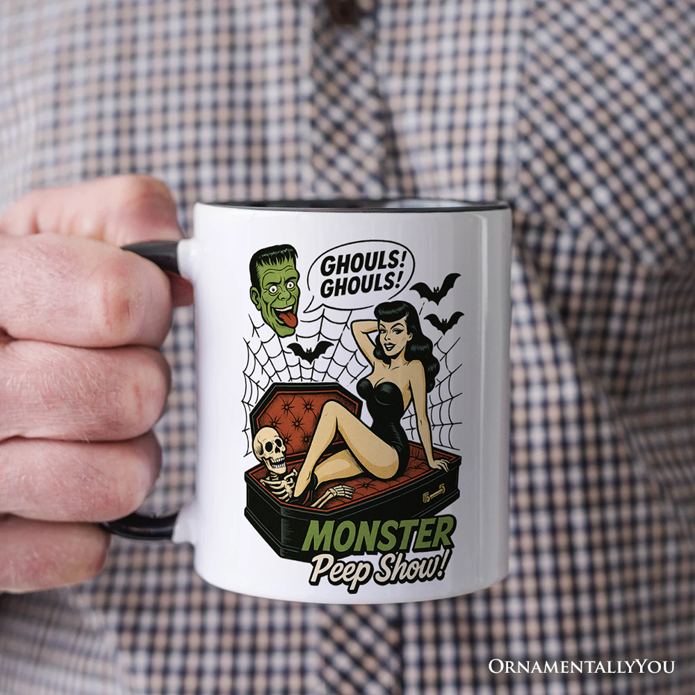 Monster Peep Show Pin-Up Personalized Mug, Retro Horror Halloween Gift with Custom Name