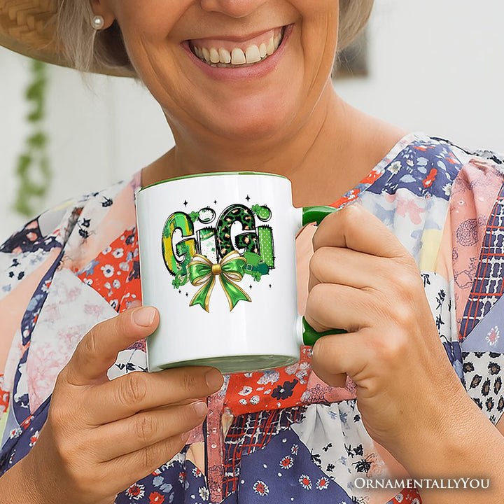 Coquette Gigi Bow St Patrick’s Day Personalized Mug, Green Lucky Shamrock Clover Gift with Custom Name Personalized Ceramic Mug OrnamentallyYou 