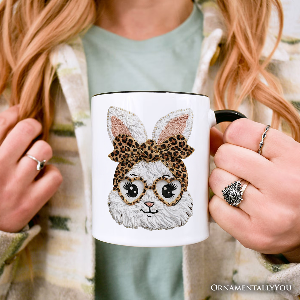 Easter Bunny Leopard Bow Personalized Mug, Coquette Printed Faux Embroidery Girly Spring Gift with Custom Name