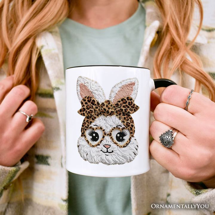 Easter Bunny Leopard Bow Personalized Mug, Coquette Printed Faux Embroidery Girly Spring Gift with Custom Name