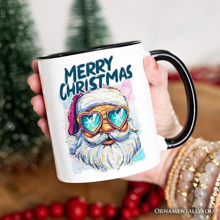 Merry Christmas Santa Sunglasses Christmas Personalized Mug, Funky Retro Holiday Gift with Custom Name