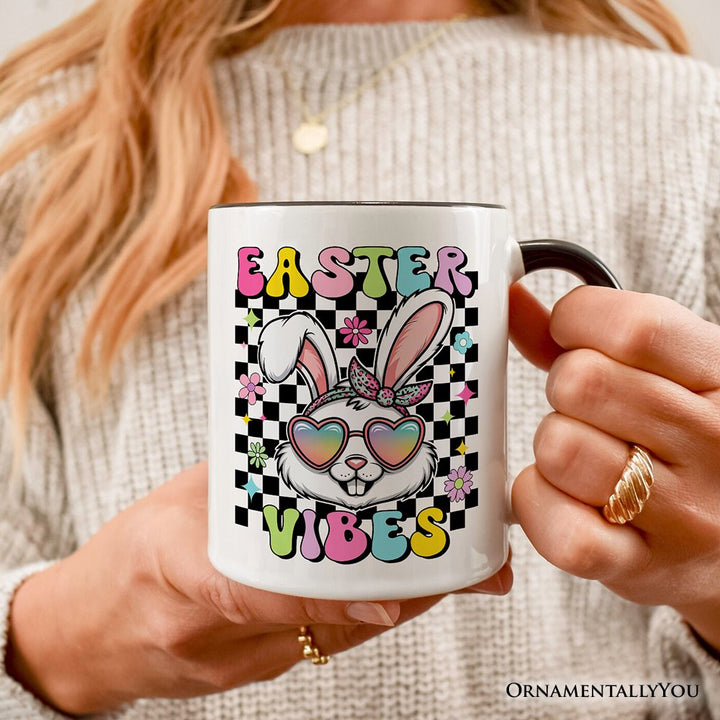 Retro Easter Bunny Sunglasses Personalized Mug, Groovy Checkered Gift with Custom Name Personalized Ceramic Mug OrnamentallyYou 