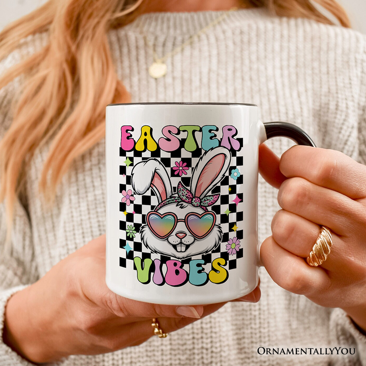 Retro Easter Bunny Sunglasses Personalized Mug, Groovy Checkered Gift with Custom Name