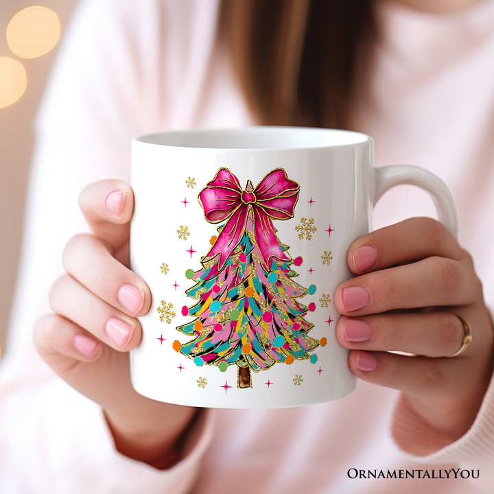 Colorful Glitter Christmas Tree Pink Bow Personalized Mug, Pink Bow Coquette Holiday Gift with Custom Name