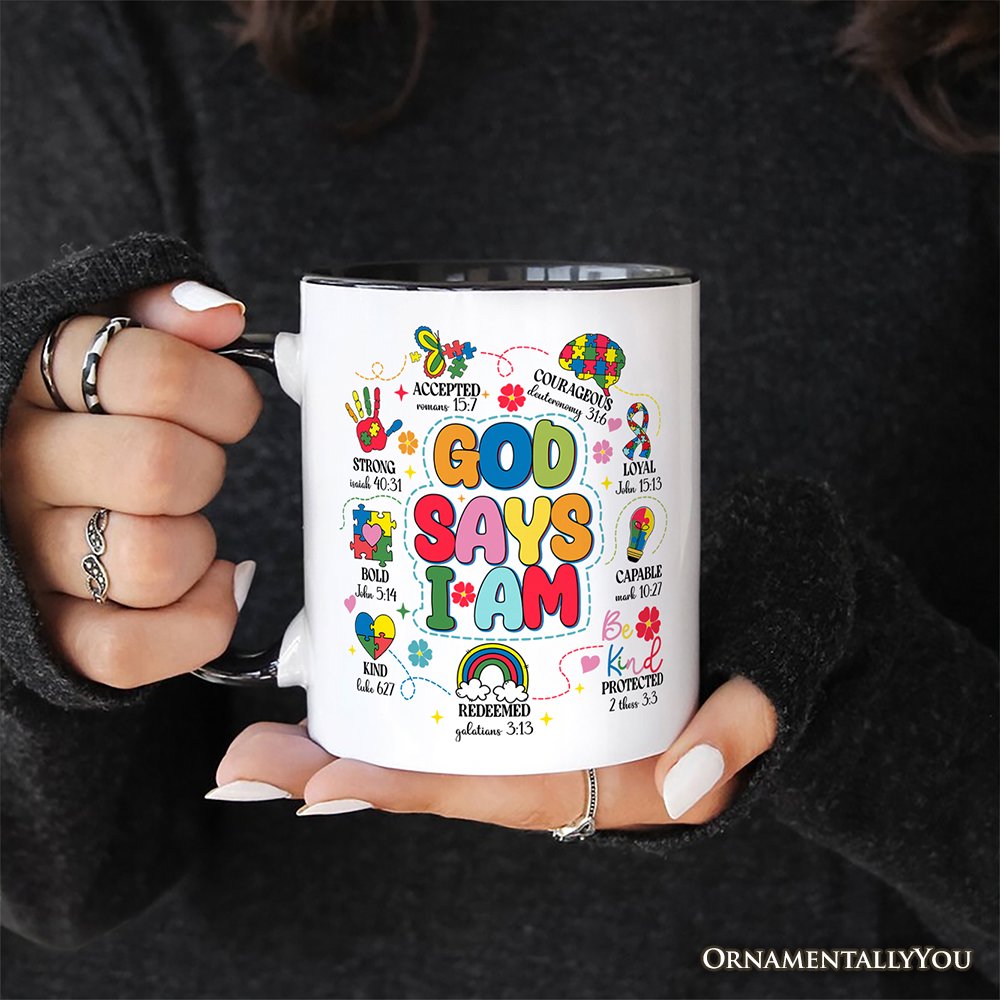 God Says I Am Christian Autism Mug, Motivational Awareness Gift Personalized Ceramic Mug OrnamentallyYou 