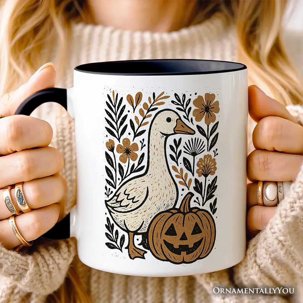 Boho Goose Halloween Pumpkin Personalized Mug, Spooky Fall Floral Gift with Custom Name